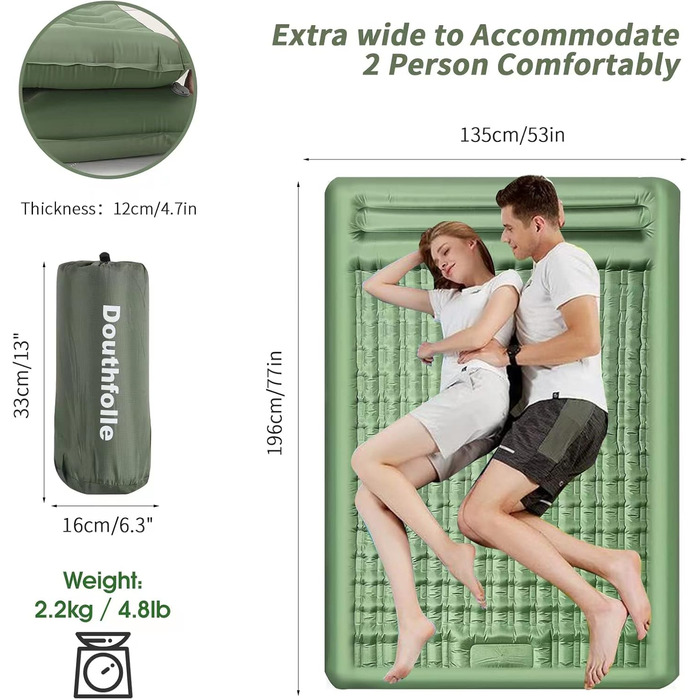 Douthfolle Twin XL Camping Sleeping Pad - 12cm Thick Inflatable Sleeping Mat with Foot Pump - Waterproof & Outdoor