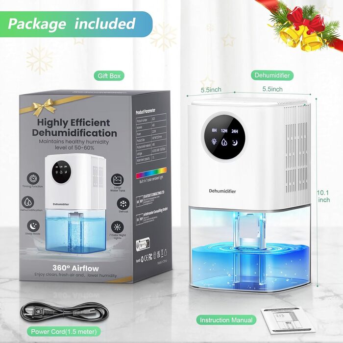 Електричний осушувач повітря для дому PKBOSS 1700ml - тихий, компактний, з нічним світлом та таймером для спальні, ванної кімнати, кухні. Захист від цвілі, білий