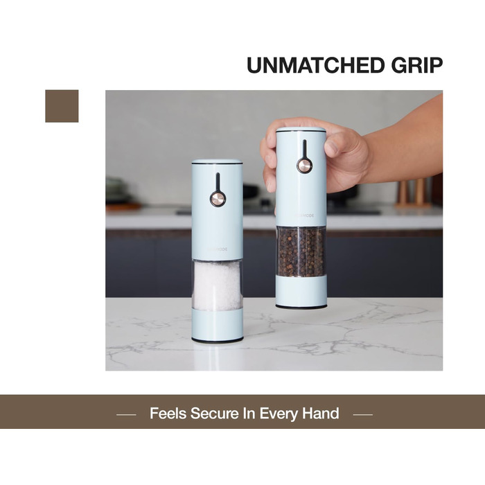 Електричні млини для солі та перцю 2 шт. з USB-зарядкою, 6-ступеневий помел, LED-підсвічування, антиковзне покриття та захист від пилу – кухонні помічники (Morning Haze)