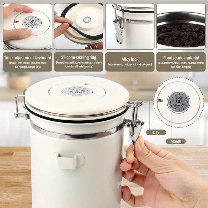 Герметичний контейнер для кави з нержавіючої сталі 1,8л з випускним клапаном, Vorratsdose для кавових зерен, горіхів, какао (Бежевий/Білий)