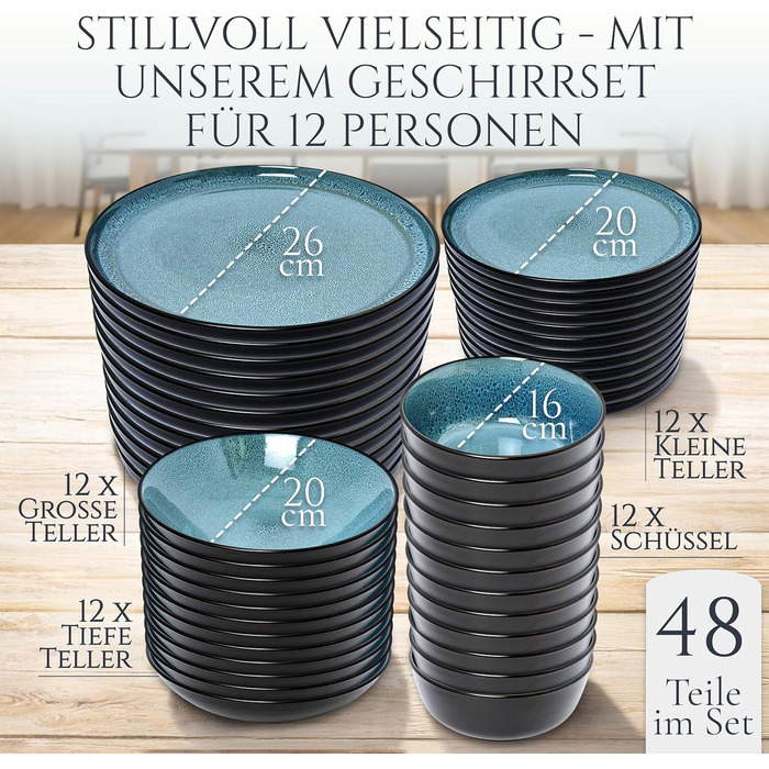 Набір посуду Steingut Ibiza 48 предметів на 12 осіб - Petrol (Чистий Living)