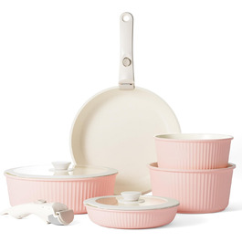 RIOVARM Induction Cookware Set - 16 PCS Nonstick Granite Pots & Pans with Removable Handles, Silicone Lids, Stackable & PFOA-Free - Sakura Pink