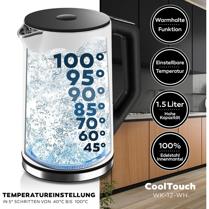 Balter Stainless Steel Electric Kettle with Temperature Control - 40°C-100°C, Double Wall, BPA Free, 1.7L, 2200W, Quiet Kettle