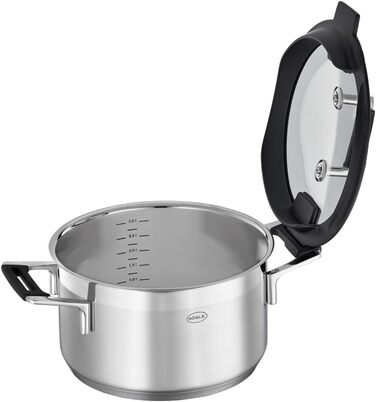 Каструля RÖSLE SILENCE PRO 24 см, універсальна, нержавіюча сталь 18/10, скляна кришка, індукційна, з внутрішньою шкалою, для плити, срібляста/чорна