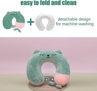 Подушка для шиї дитяча та доросла, у вигляді тваринки, 33x30 см, Memory Foam, для подорожей, літака (зелена)