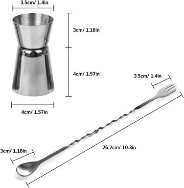 Набір барного аксесуару: ложки для змішування (3 шт.), мірні склянки (3 шт.), барні склянки, ложка для коктейлів з виделкою (25.4 см)