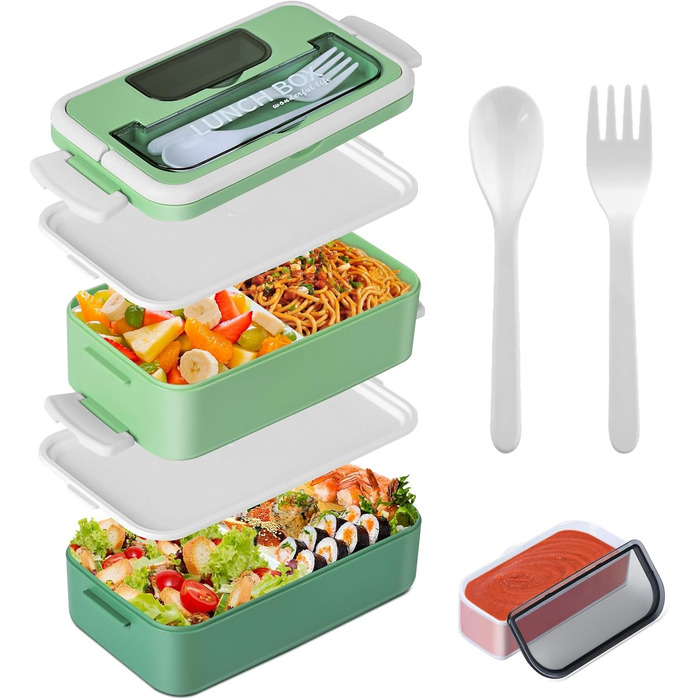 Anykuu Lunchbox 1600ML Lunchbox with 2-4 Flexible Compartments Bento Box with Spoon, Fork & Spice Box Lunchbox for Kids for Microwave, Dishwasher Lunchbox Kids for School, Work, Picnic, Green