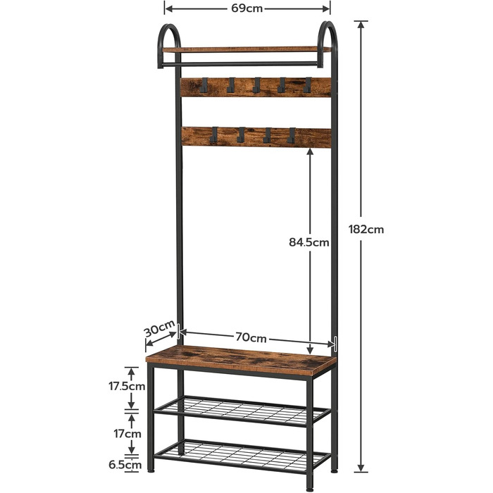 HOOBRO Coat Rack, Wardrobe Rack, Shoe Shelf with Seating, Clothes Rack with 9 Hooks, Bench, Clothes Rail, 182 cm High, Entrance Hall, Living Room, Metal Frame, Vintage Brown-Black EBF13MT01