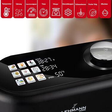 Кухонна машина Lehmann з дисплеєм, 12 швидкостей, функція ферментації з підігрівом, вбудована вага, таймер, міксер з 3 насадками та 5л чашею