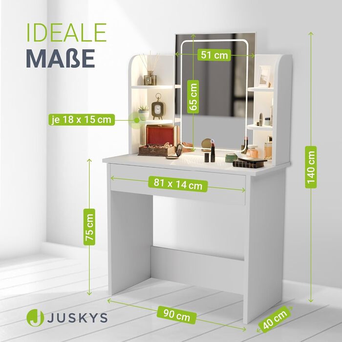 Туалетний столик Juskys Zoey з LED-підсвіткою, дзеркалом, шухлядою, 3 відділеннями та шафкою, 90x38x137 см, білий, дерев'яний косметичний стіл з LED-дзеркалом