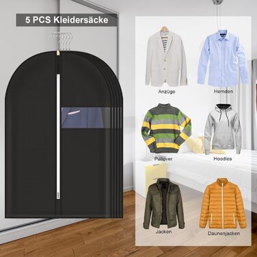 Чохли для одягу 5 шт. 60x140 см, дихаючий матеріал, з блискавкою, для костюмів, пальто, сорочок