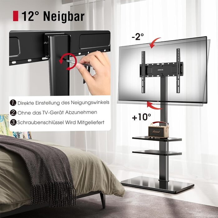 AOKCOS TV Stand for 32-70 inch Flat & Curved TVs - Adjustable Height, Swivel, Tilt, 3-Tier Shelves, VESA 400x400, up to 40kg (White/Black)