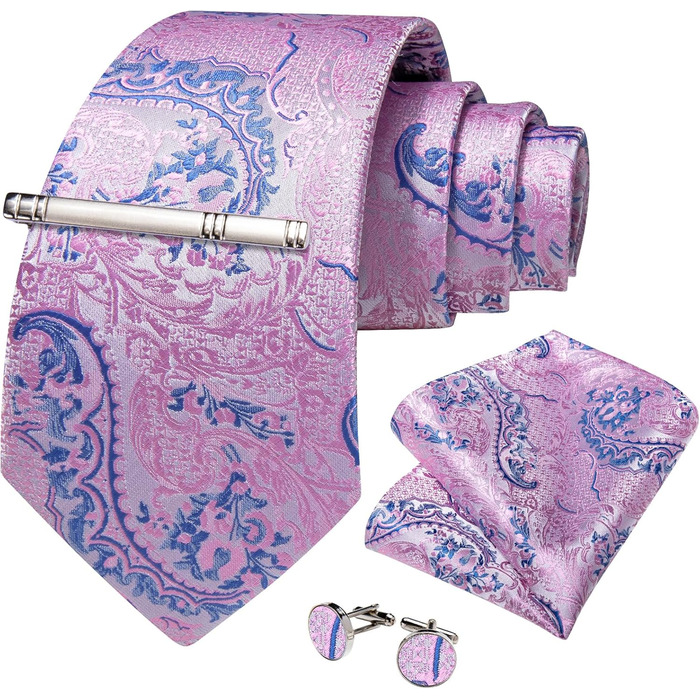 Краватка чоловіча DiBanGu Paisley шовкова, рожево-блакитна + хустинка + запонки + зажим для краватки для вечірки, випускного