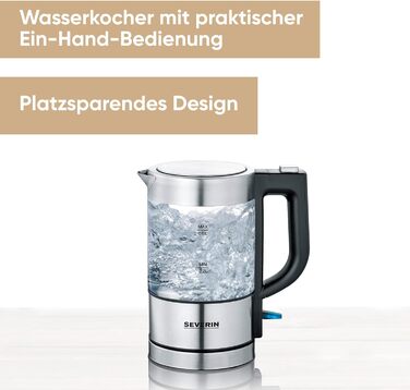 SEVERIN Mini Glass Kettle 0.5 L, powerful and compact with a high-quality design, electric kettle with scale filter, stainless steel/black, WK 3472