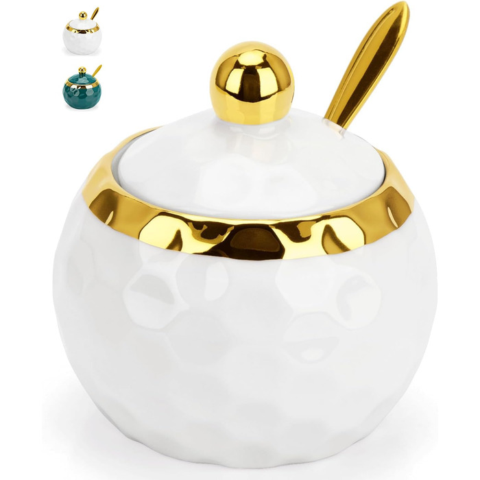 Керамічні солянки та цукерниці з кришкою та ложкою, зелений малюнок мармуру (білий)