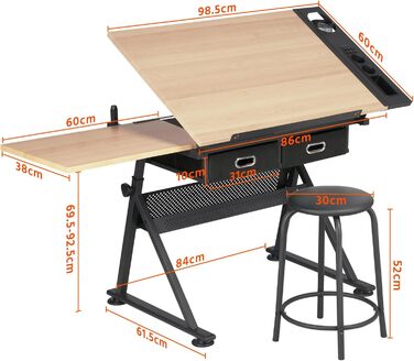 Yaheetech Adjustable Drafting Table with Stool and Drawers - Height Adjustable Desk for Architects, Technicians, and Students - Wood Finish