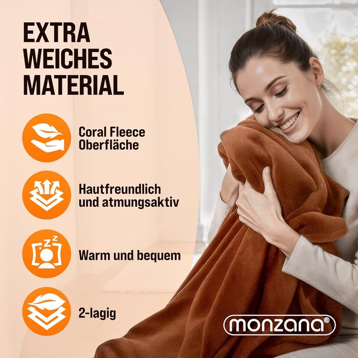 Електрична ковдра Monzana® 180x130 см, 120 Вт, 10 режимів нагріву, таймер, захист від перегріву, чорна/коричнева
