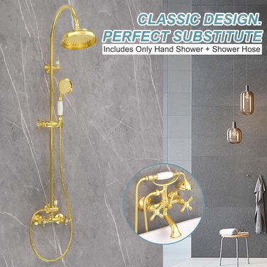 Delnet Classic High-Pressure Showerhead, Chrome, Traditional Telephone Style, Handheld Showerhead and 1.5m Hose (Vintage, Gold)