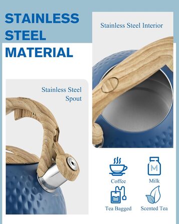 Чайник для заварювання Teekessel 2,7 л з емальованим покриттям, зелений, з імітацією дерева, з носиком, з нержавіючої сталі, антижаростійка ручка, оливковий/темно-синій