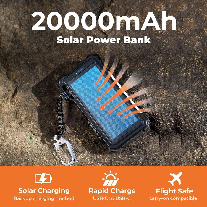 Сонячний павербанк BLAVOR 20000mAh з підтримкою швидкої зарядки 20W, USB-C, бездротовим заряджанням для Apple Watch, ліхтариком та карабіном, чорний