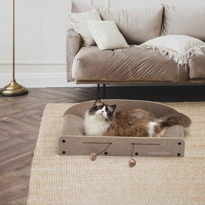 Cat Scratch Board, 66CM Durable Scratch Cardboard and Felt, Large Lounger, 2 Reversible Cat Scratch Pads for Cats, Recyclable Cardboard Cat Bed with Bell Ball Toy, Caramel Color (Large Format Beige)