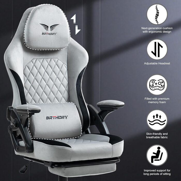Геймерське крісло Racing Ergonomic Stoff Hellgrau з регульованою підголівкою та підставкою для ніг