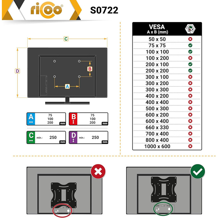 Настінний кронштейн для телевізора RICOO S0644 поворотний та нахильний, для Smart та вигнутих ТВ 32-55 дюймів, до 35 кг, VESA 400x400 мм