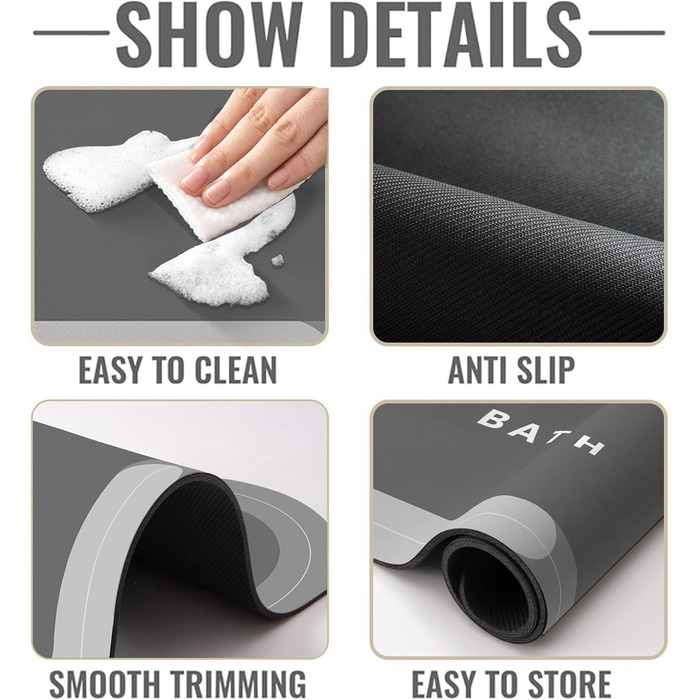 Килимок для ванної кімнати, гумовий, швидковисихаючий, неслизький, 40 x 60 см (Світло-сірий)