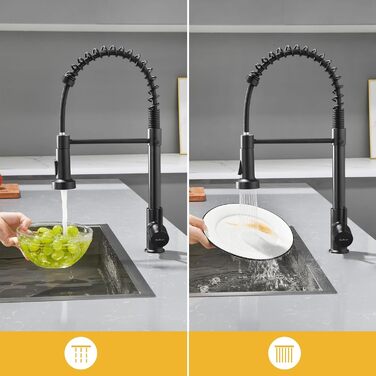 Чорний кухонний змішувач з витяжною лійкою, 360° поворот, 2 режими, нержавіюча сталь