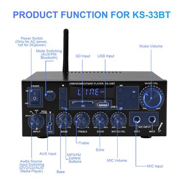 Міні підсилювач 60Вт+60Вт Bluetooth стерео, цифровий Hi-Fi аудіо підсилювач для дому та авто, USB, SD, FM, MIC, LCD дисплей, 12V/230V, 2-канальний (33BT)