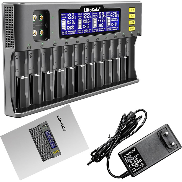 Зарядний пристрій Retoo для акумуляторів AA, AAA, 9V NI-MH/NI-CD, Li-ion 3.70V/3.80V, LiFePO4 3.20V, 12 слотів, швидка зарядка з LCD дисплеєм, чорний