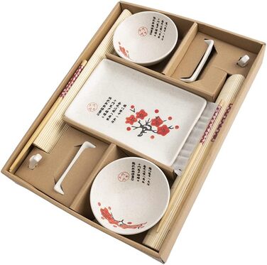 Традиційний японський набір для суші: тарілки, палички та підтарілки на 2 особи. З порцеляни, з візерунком квітки сакури. Ідеальний японський подарунок.