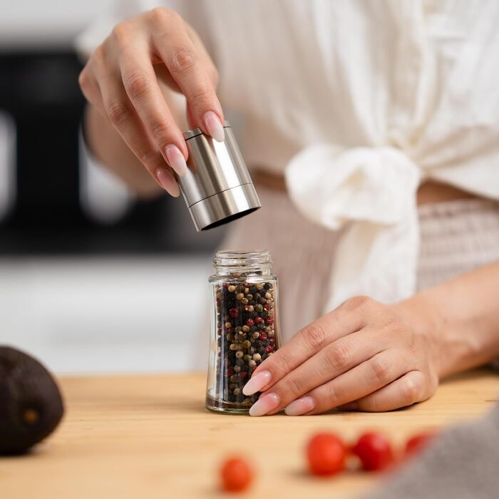 Набір з 2 електричних мельниць для солі та перцю преміум-класу | Регульоване керамічне подрібнювання | Набір з високоякісної нержавіючої сталі для солі, перцю та інших спецій