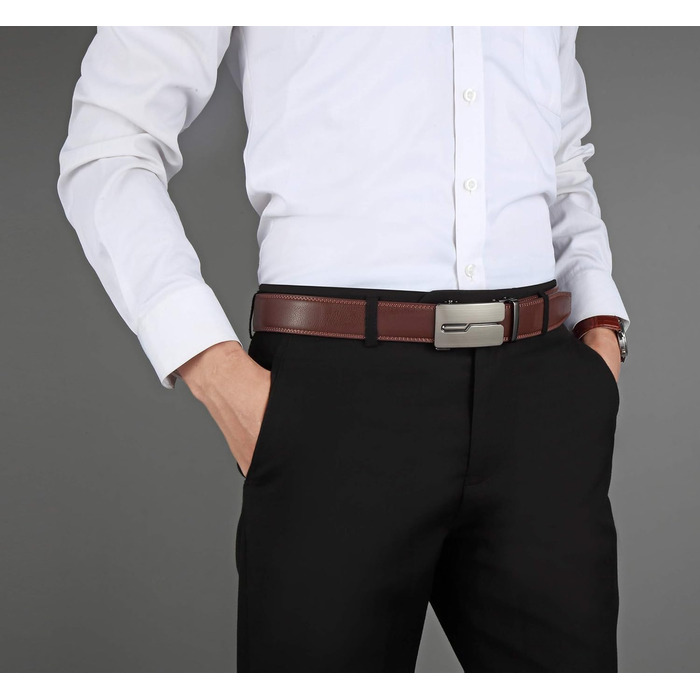 Чоловічий шкіряний ремінь Guvoosm з автоматичною застібкою, 3,5 см, колір коричневий, довжина 125 см, підходить для об'єму талії 92-107 см, для ділового костюма