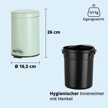 Сміттєвий відер з педаллю KHG Kosmetik 3 л, алюмінієвий, матовий м'ятний колір, з виймаючим внутрішнім відром для ванної кімнати, офісу та кухні