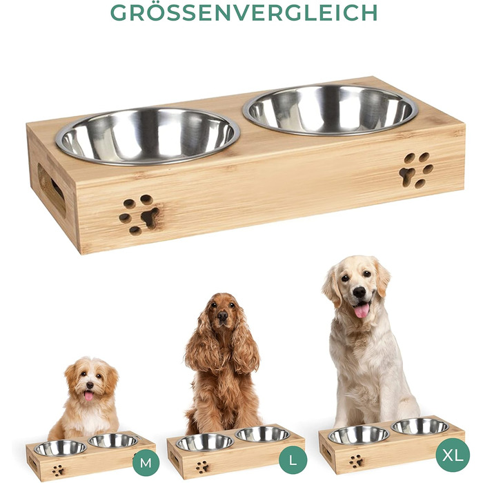 Станція для годування домашніх тварин LAUBLUST: підставка для мисок з бамбука, 2 нержавіючі миски | для собак та котів, розмір 31 x 15 x 6 см | M