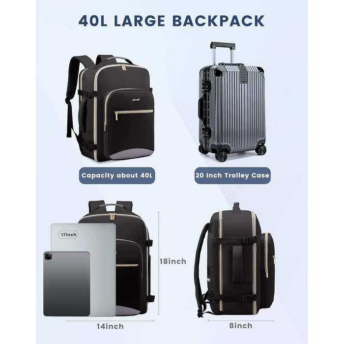LOVEVOOK Рюкзак для ручної поклажі, 40L, для подорожей, ділових поїздок, вихідних, для ноутбука 17