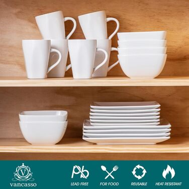 Square Dinnerware Set, Vancasso SOHO Tableware Service for 6 People, 24-Piece Stoneware Dinner Set with Dinner Plates, Dessert Plates, Bowls, and Cups, 24 Piece White