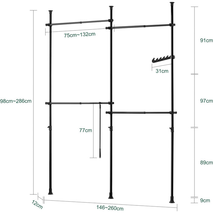 SoBuy KLS03-SCH Clothes Rack Coat Stand with 4 Clothes Rails Telescopic Wardrobe System Adjustable Shelf System black Bra approx. 124-226x200-285cm