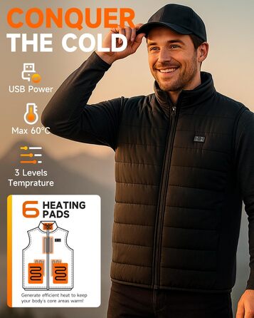 LABCOOL Тепла жилетка з підігрівом - чоловіча та жіноча жилетка з USB-підігрівом та акумулятором 10000mAh - 6-зонний підігрів з 3 рівнями температури - можна прати в пральній машині, чорний L