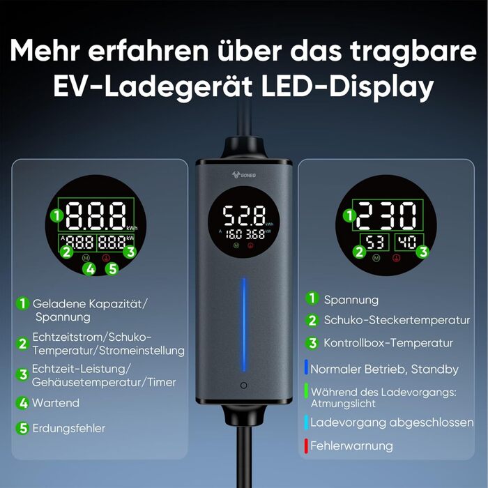Кабель для електромобіля GONEO Typ 2 Schuko, 10м, 16A, 3.68 кВт - Портативна зарядка з захистом FI, автоматичним заземленням та контролем температури, таймер для електромобіля, сертифікат TÜV