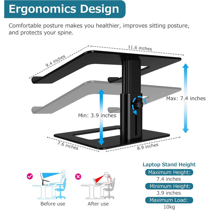 Підставка для ноутбука GOKEDA: ергономічна, регульована, з алюмінію, 11-17 дюймів, чорна