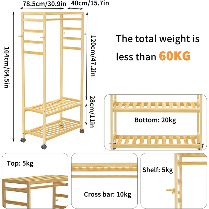 Bamboo Coat Rack, Clothes Rack with 3 Shelves and 10 Hooks, Laundry Rack with Clothes Rod, for Entryway, Living Room and Office, 80x43.5x165cm (Natural3)