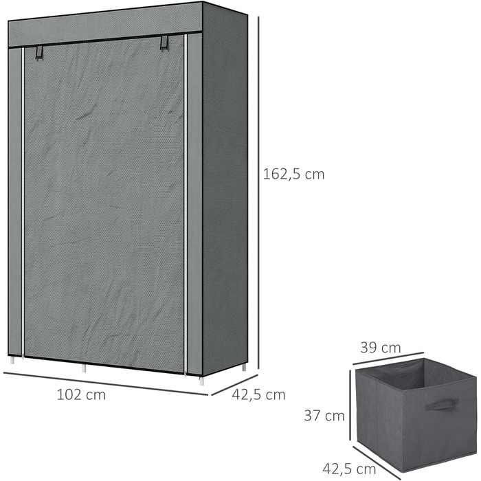 HOMCOM Wardrobe, Fabric Closet with Drawers, Clothes Rail and Zipper, Fabric Clothes Storage Rack Folding Closet for Bedroom, Dressing Room, 102 x 42.5 x 162.5 cm, Dark Grey