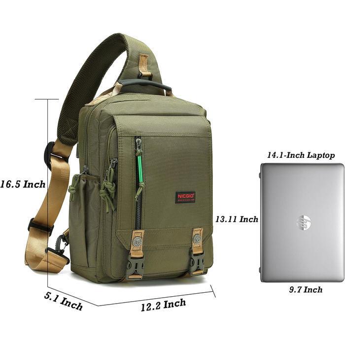 Сумка Nicgid на плече/перехресна, рюкзак для ноутбука 13.3''/14.1'', армійний зелений