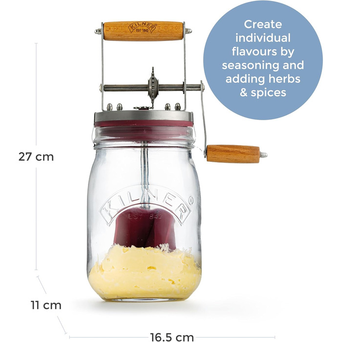 Kilner Butter Churn Glass with Hand Crank, make delicious butter yourself in just 10 minutes, with silicone stirrer, 1L, incl. instructions and recipes, also for herb butter, garlic butter, etc., 27 cm tall