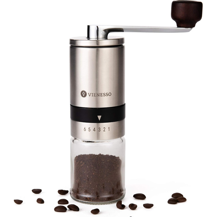 VIENESSA Coffee Grinder Manual/Hand with Ceramic Burr | manual coffee and espresso grinder with 6 grind settings | hand coffee grinder made of stainless steel and glass container + E-Book (silver)