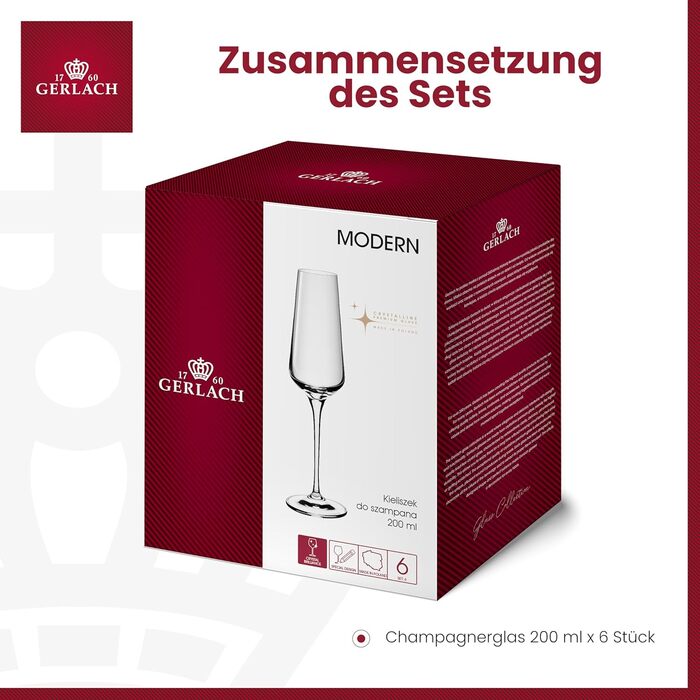 Набір келихів для шампанського та шампанського Gerlach 1760 (6 шт, 200 мл) - скляні келихи для вина, сумісності з посудомийною машиною, сучасний дизайн