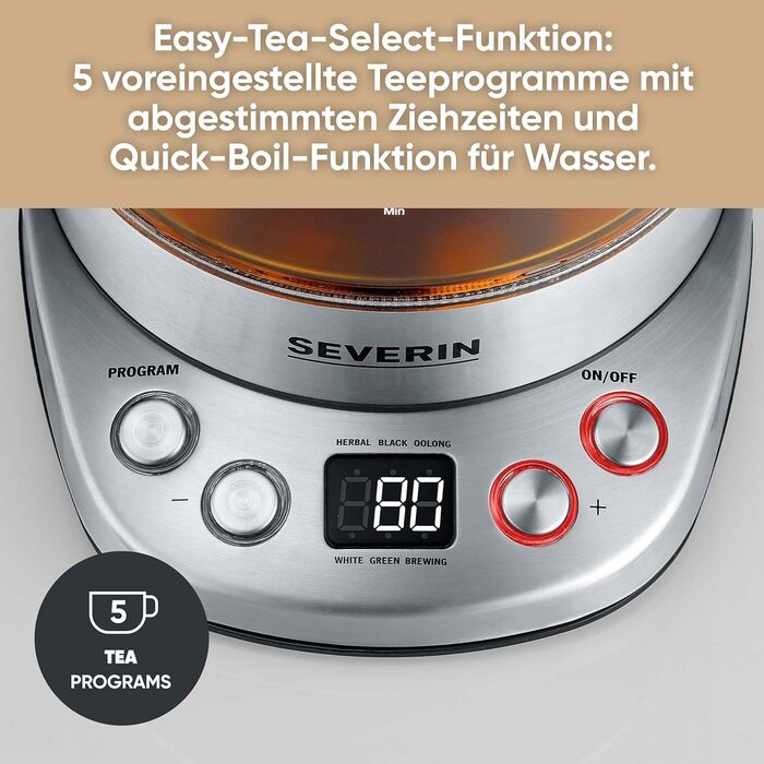 Електричний чайник Severin WK 3480 з регулюванням температури та 5 програмами заварювання, 1.7 л, 3000 Вт, нержавіюча сталь