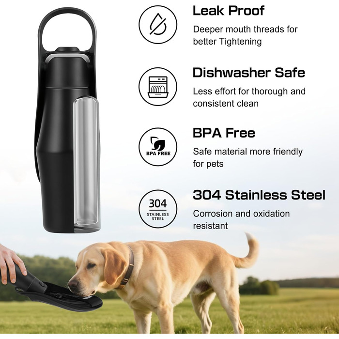 Водяна пляшка для собак на прогулянці - не протікає, з нержавіючої сталі, подвійні стінки, вакуумна ізоляція, 750 мл, чорна
